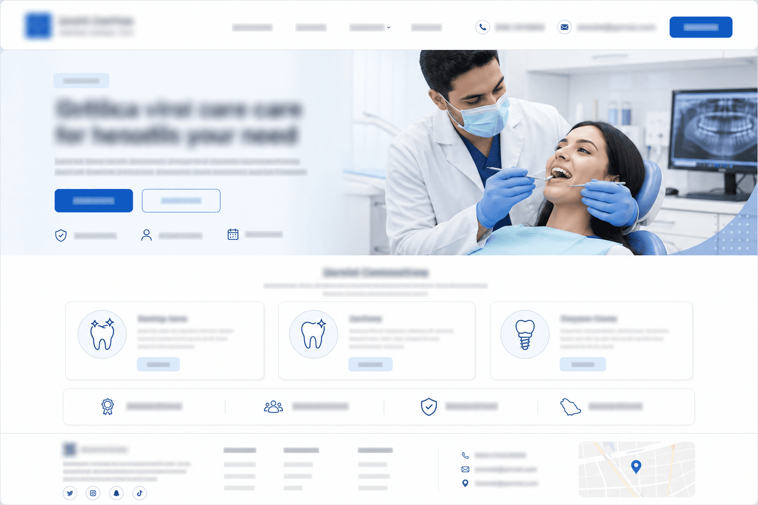 Anonymized dental clinic website homepage mockup with blurred logo and contact details