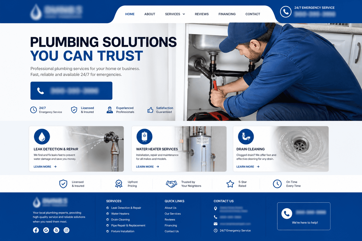 Anonymized plumbing company website homepage mockup with blurred contact details