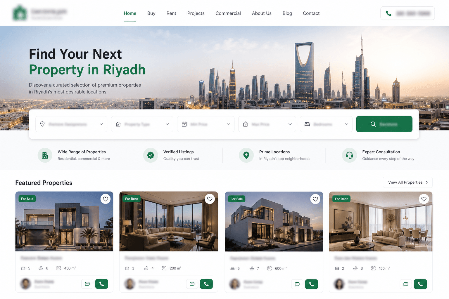 Anonymized real estate website homepage mockup with blurred agency details