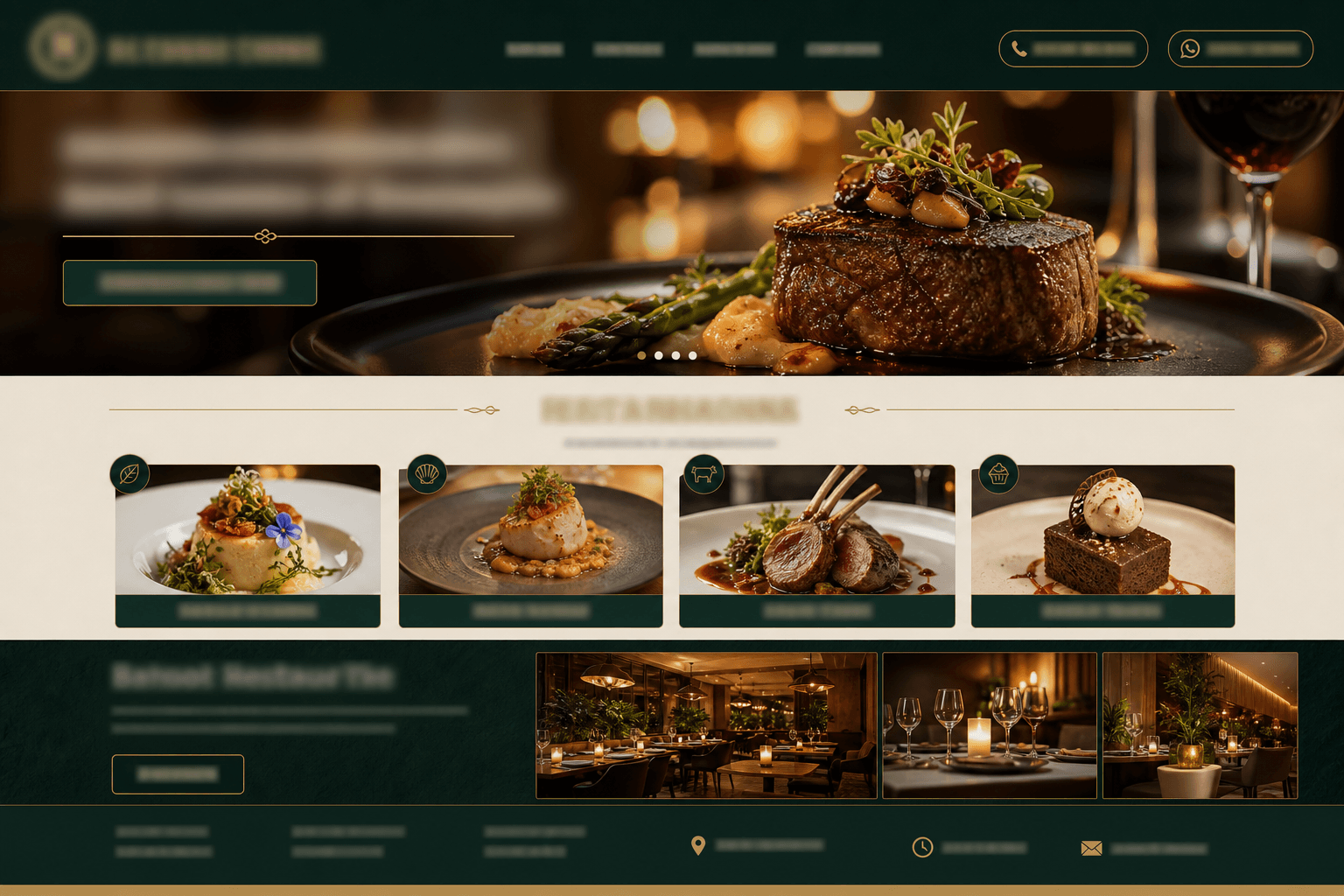 Anonymized restaurant website homepage mockup with blurred identity details