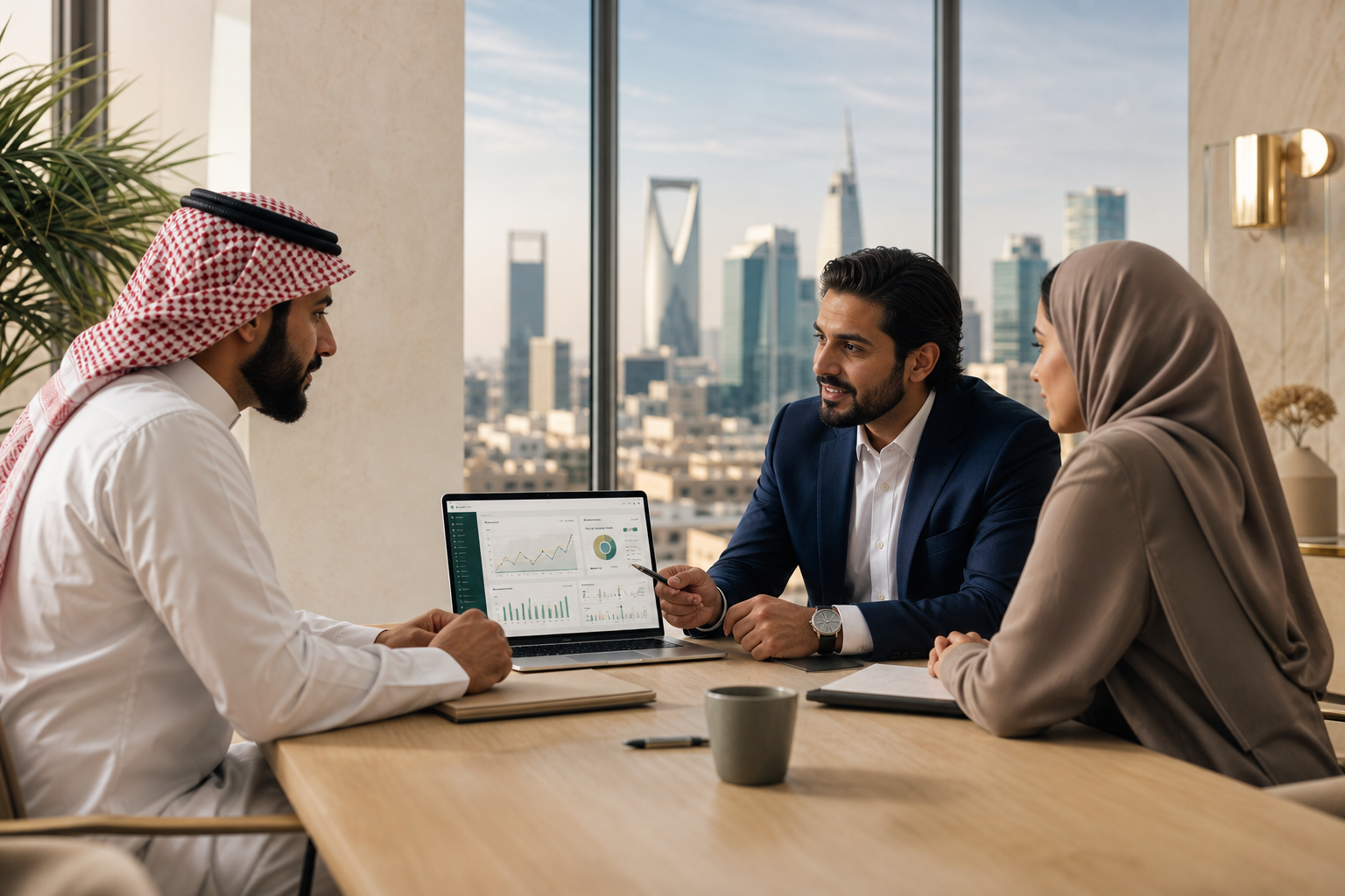 Rimal Web consultation with Saudi business clients in a modern Riyadh office