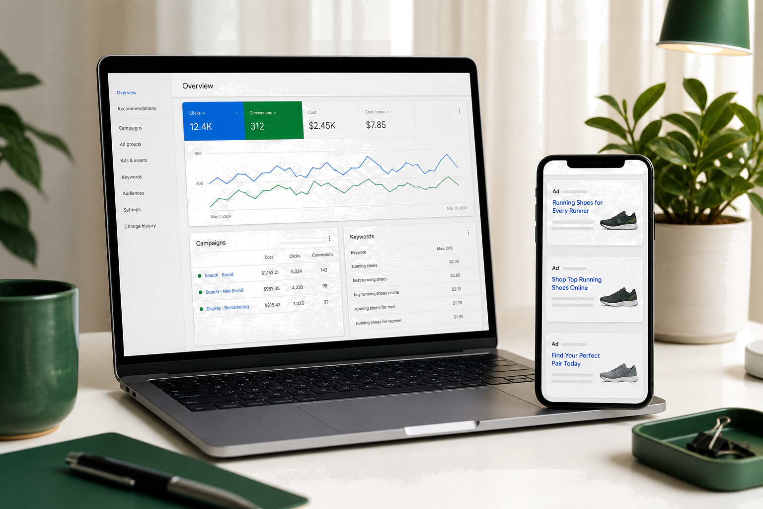 Google Ads management dashboard with conversions and cost metrics