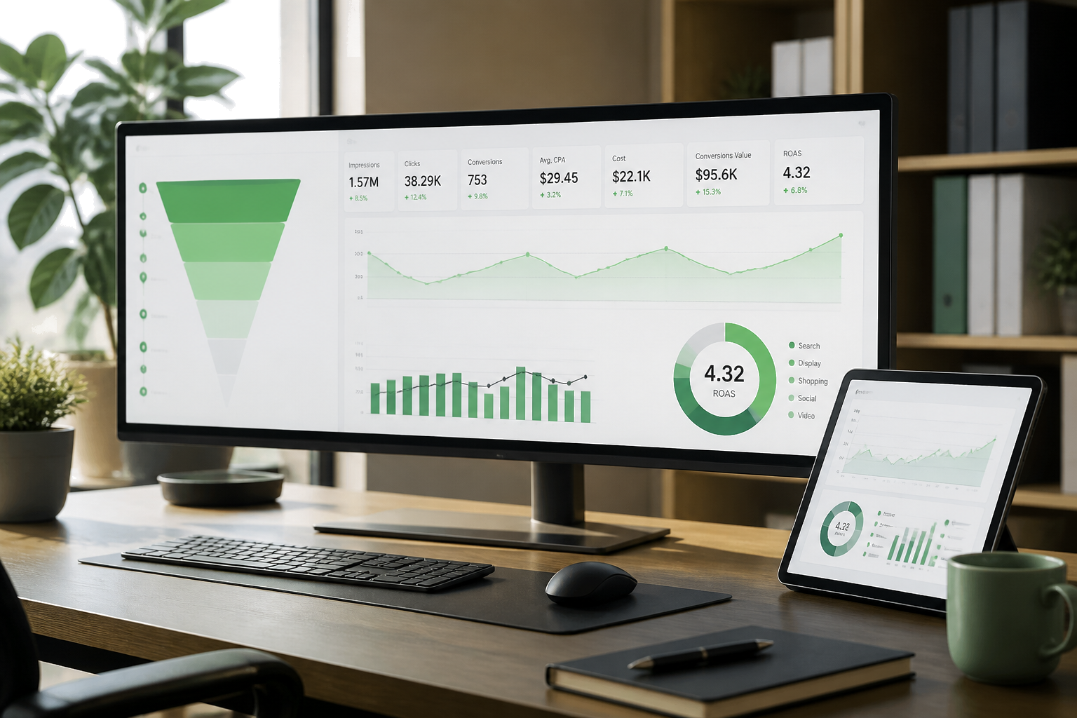 PPC advertising campaign dashboard showing leads and ROI