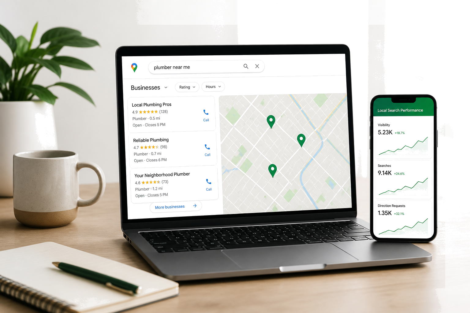 Local SEO service mockup with Maps ranking and analytics on laptop and phone